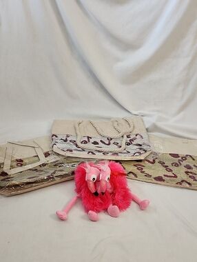 Set of Sequin "LOVE" Canvas Totes with Flamingo Plushies